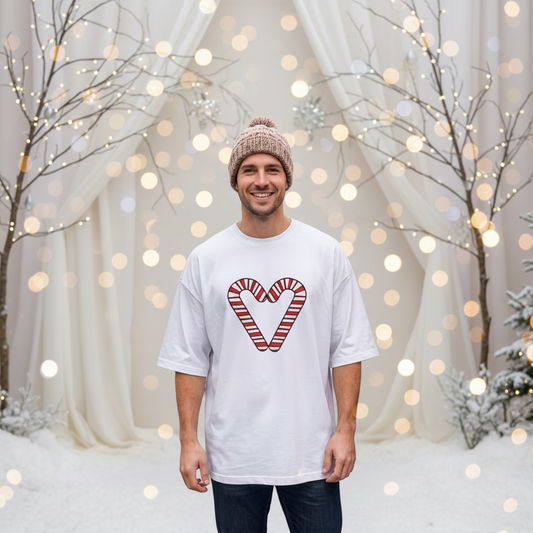Candy Cane Heart Men's Heavy Oversized Tee – Limited Christmas Sale Edition Printify