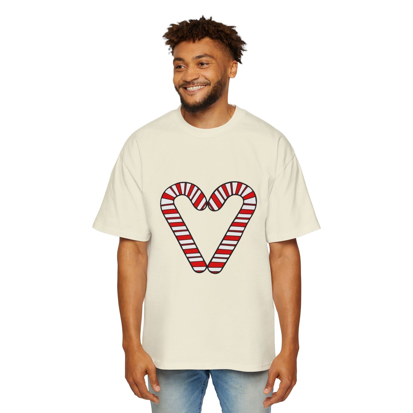 Candy Cane Heart Men's Heavy Oversized Tee – Limited Christmas Sale Edition Printify