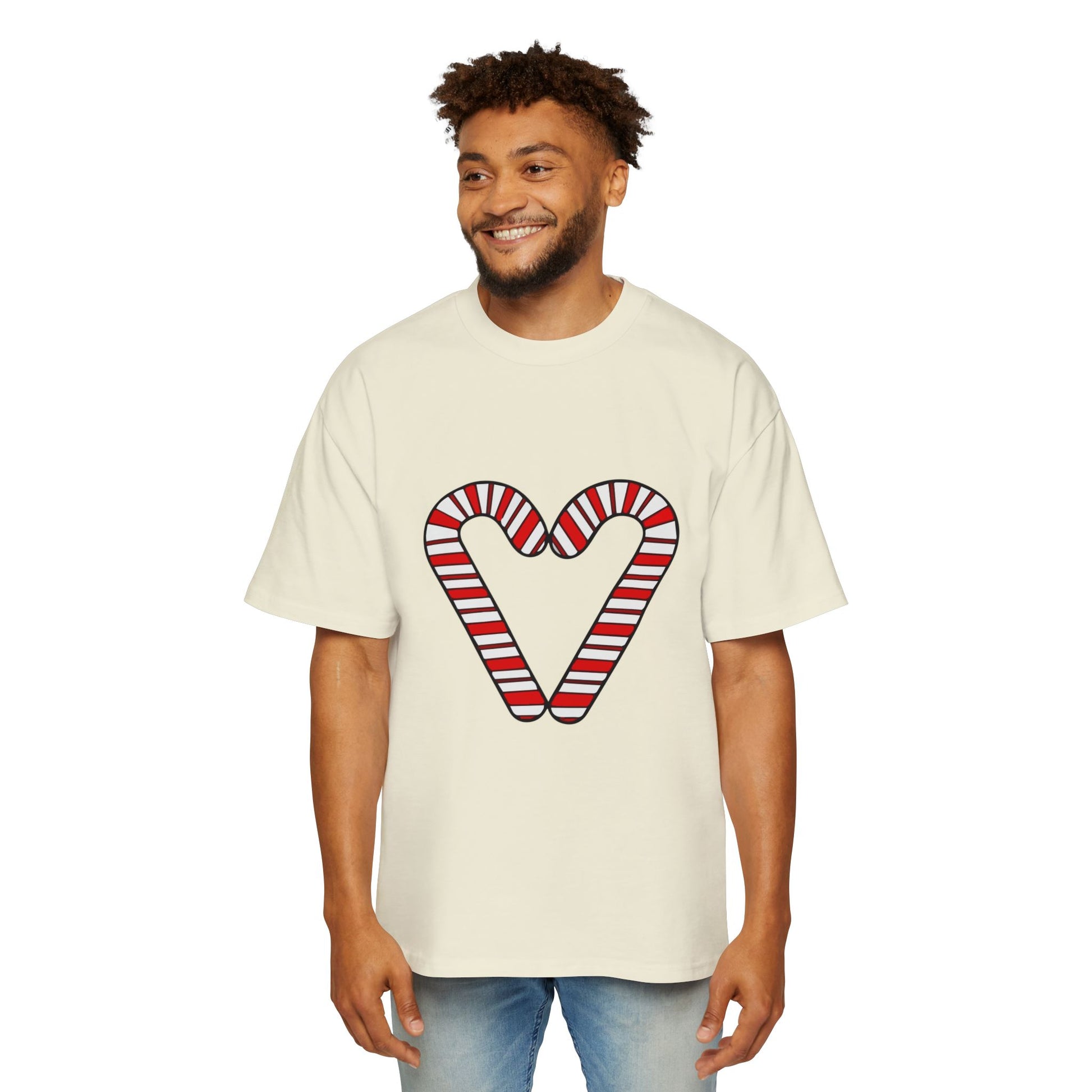 Candy Cane Heart Men's Heavy Oversized Tee – Limited Christmas Sale Edition Printify