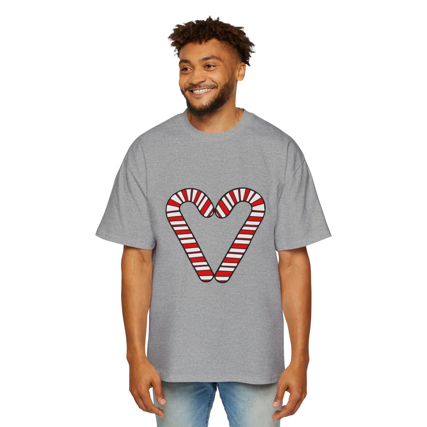 Candy Cane Heart Men's Heavy Oversized Tee – Limited Christmas Sale Edition Printify