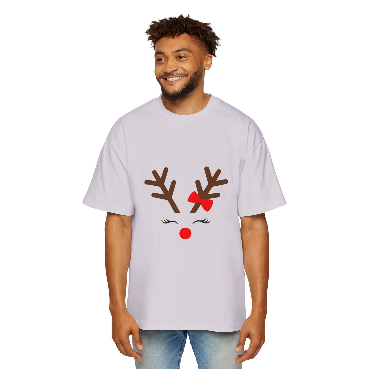 Cute Red Nose Reindeer Men's Heavy Oversized T-Shirt – Christmas Sale Edition Printify