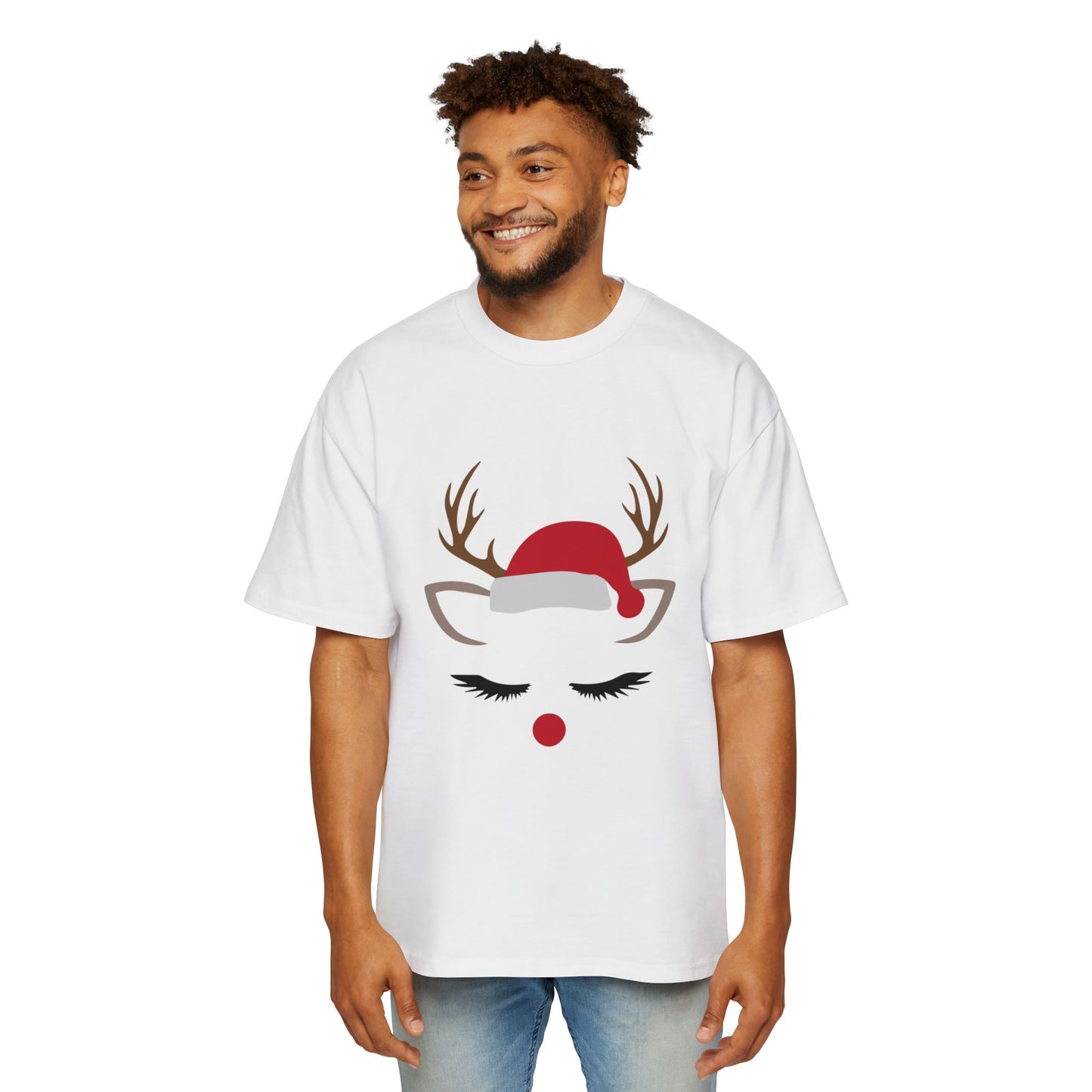 Minimal Reindeer Face Oversized Tee – Cute Christmas Holiday T-Shirt Printify