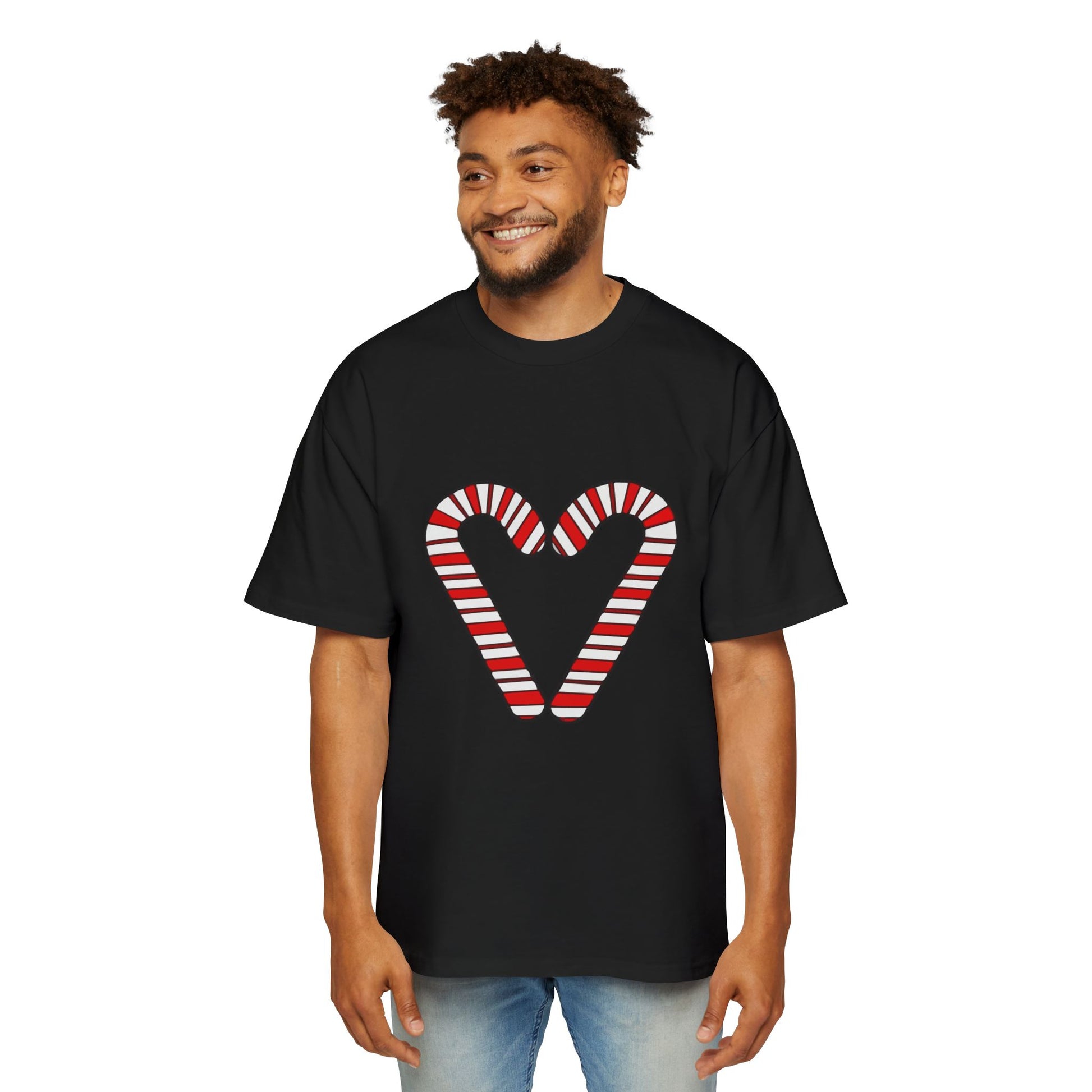 Candy Cane Heart Men's Heavy Oversized Tee – Limited Christmas Sale Edition Printify