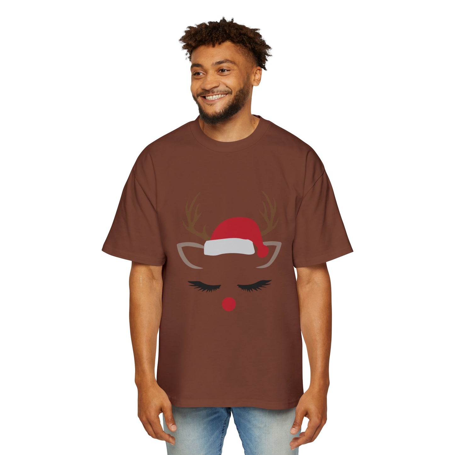 Minimal Reindeer Face Oversized Tee – Cute Christmas Holiday T-Shirt Printify