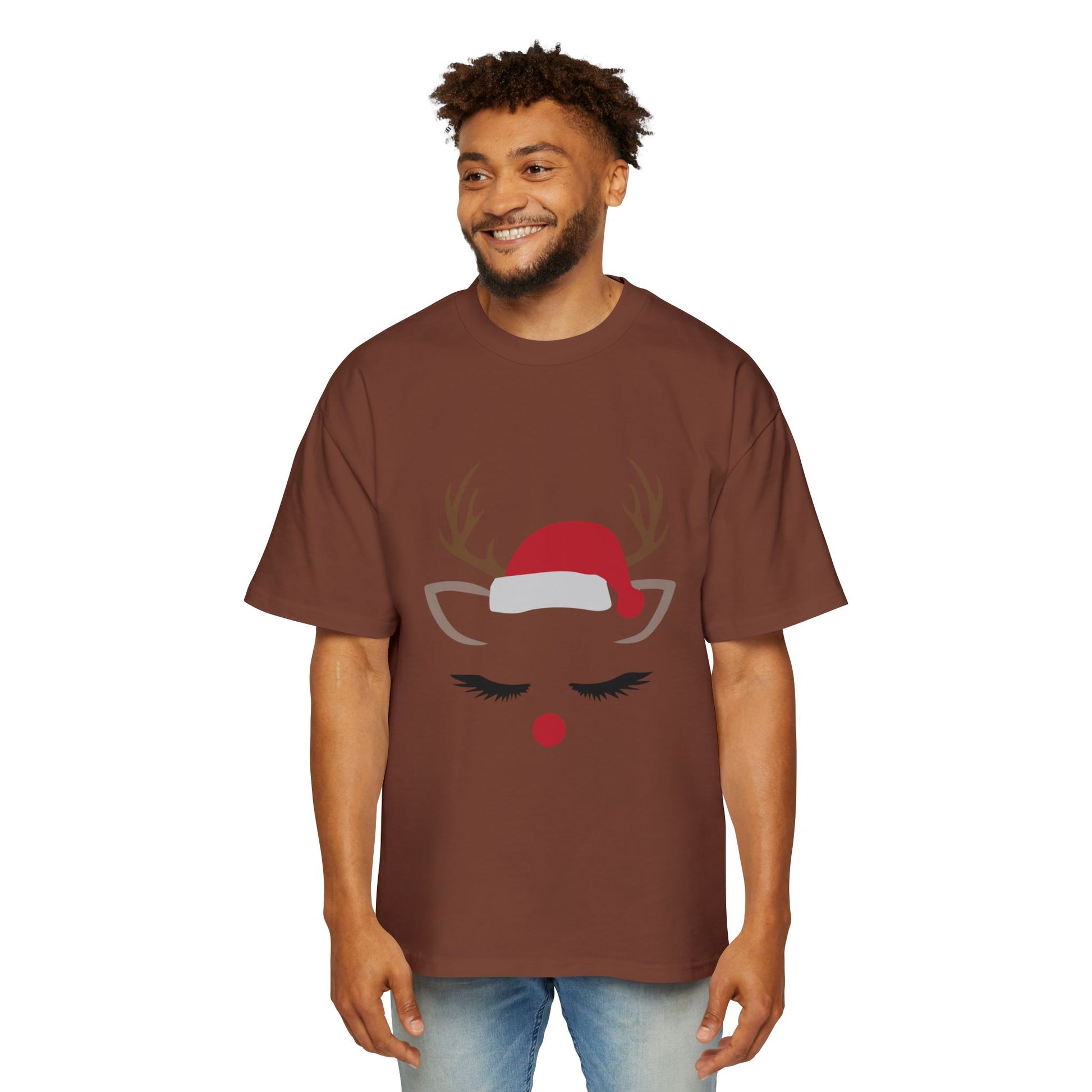 Minimal Reindeer Face Oversized Tee – Cute Christmas Holiday T-Shirt Printify