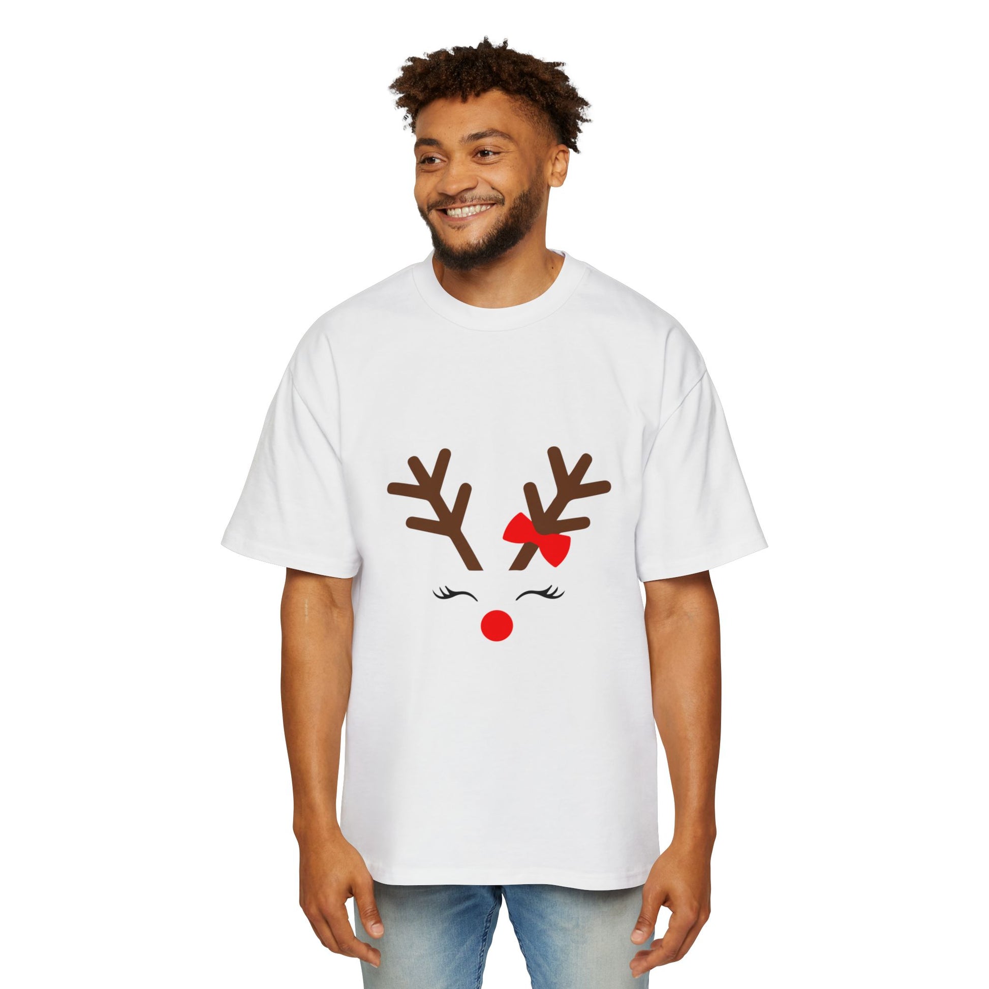 Cute Red Nose Reindeer Men's Heavy Oversized T-Shirt – Christmas Sale Edition Printify