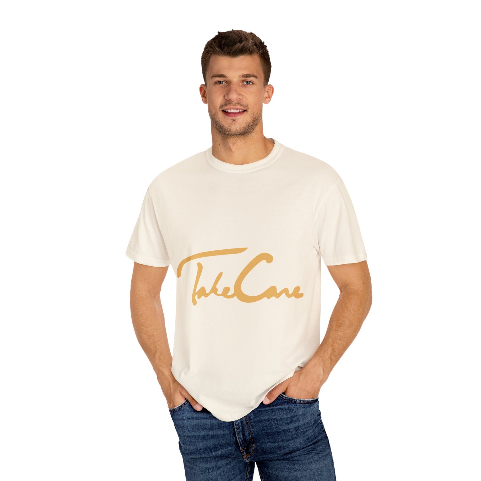 Take Care Gold Script Dyed Tshirt Printify