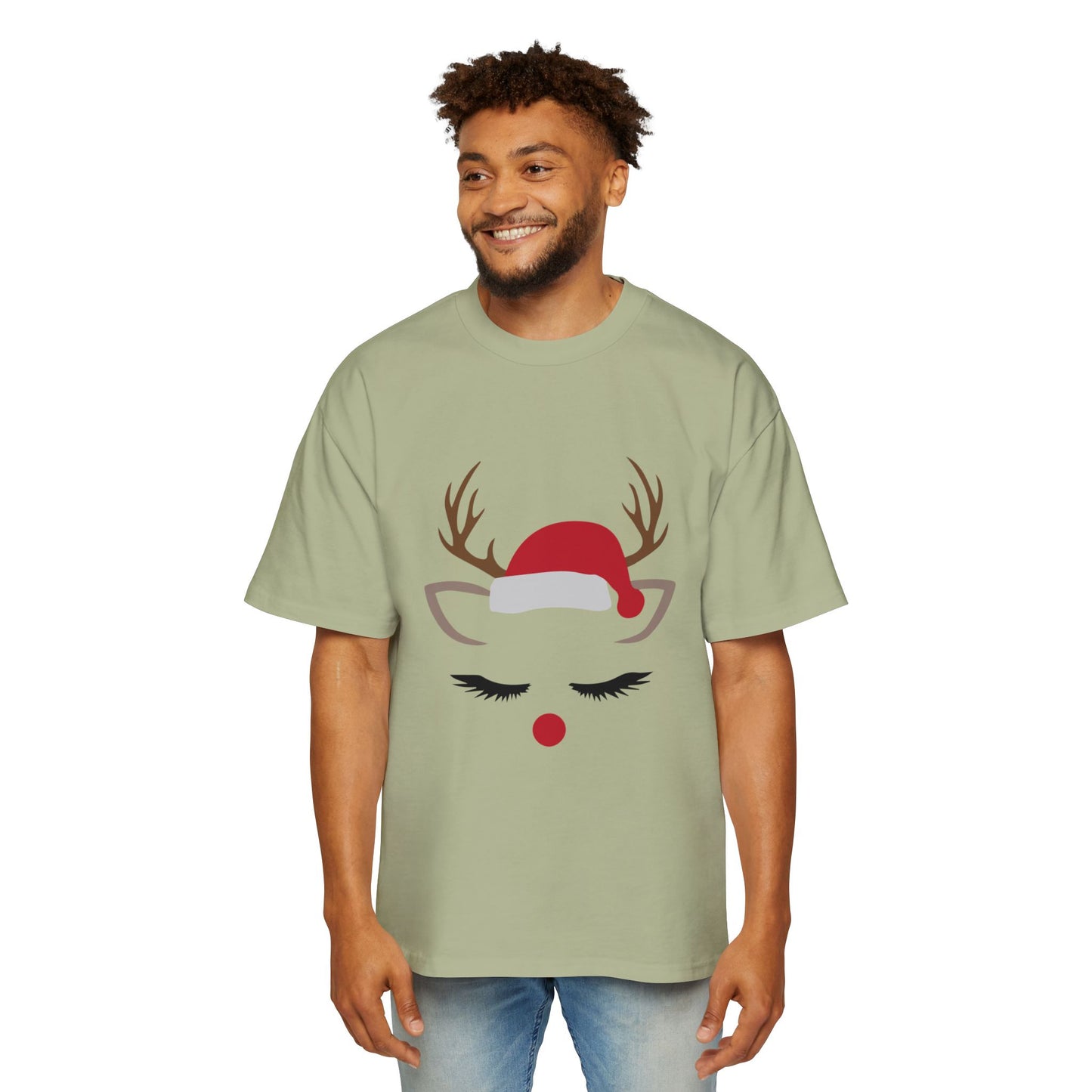 Minimal Reindeer Face Oversized Tee – Cute Christmas Holiday T-Shirt Printify