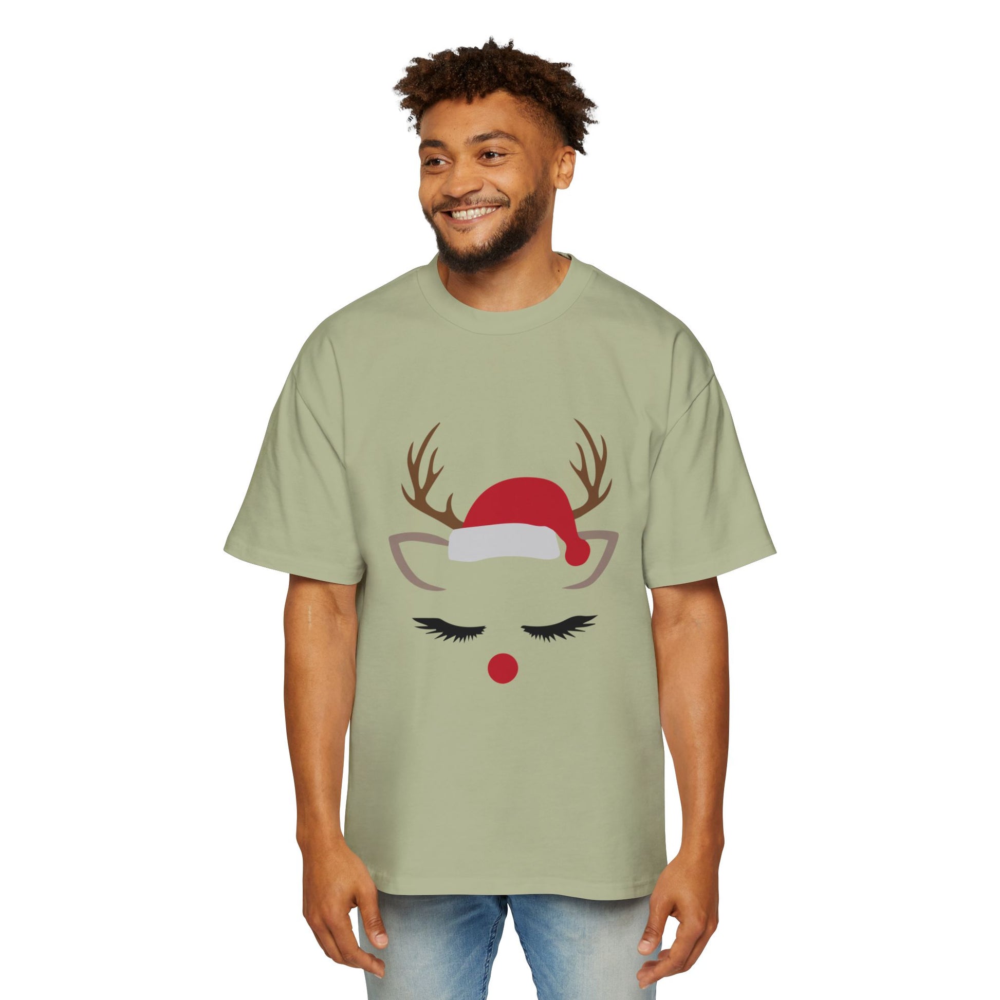 Minimal Reindeer Face Oversized Tee – Cute Christmas Holiday T-Shirt Printify