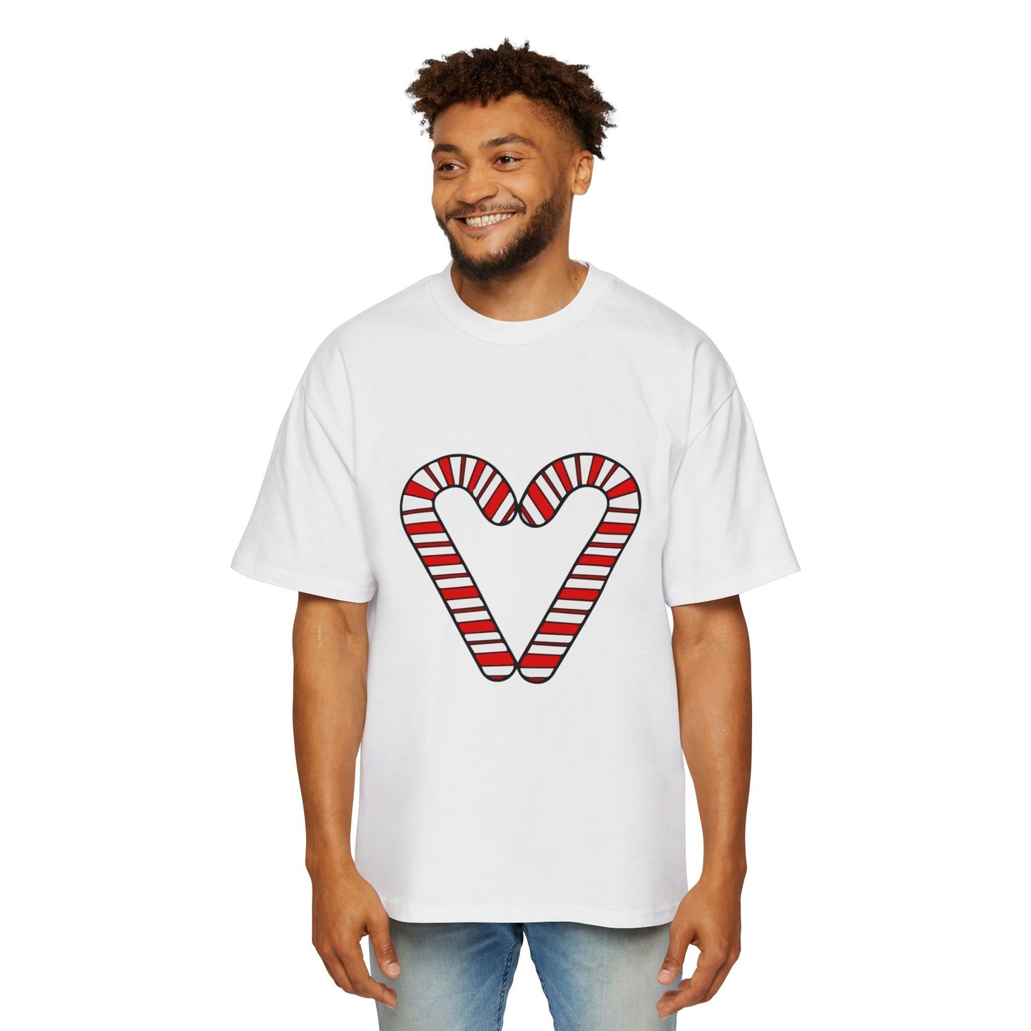 Candy Cane Heart Men's Heavy Oversized Tee – Limited Christmas Sale Edition Printify