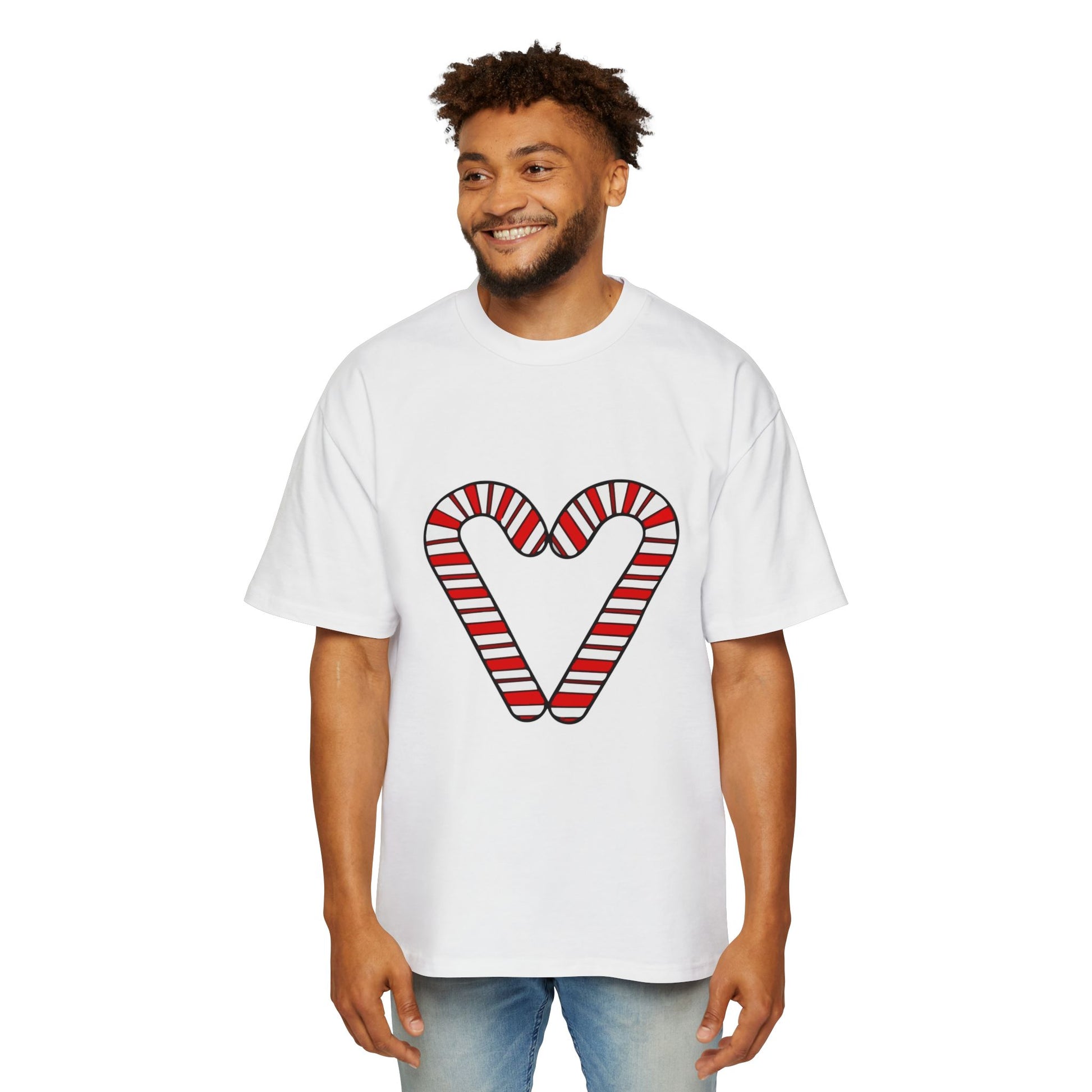 Candy Cane Heart Men's Heavy Oversized Tee – Limited Christmas Sale Edition Printify