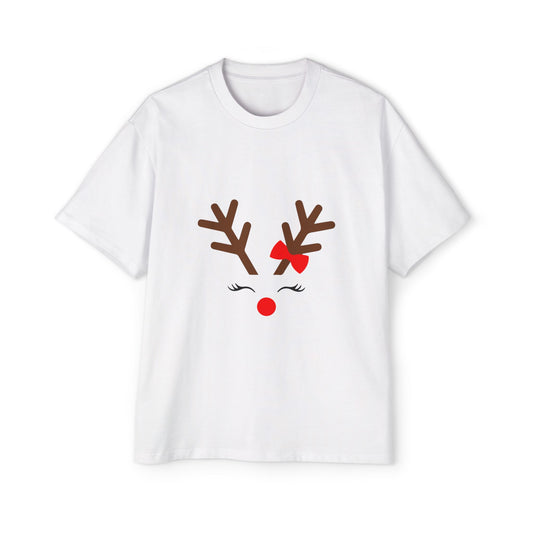 Cute Red Nose Reindeer Men's Heavy Oversized T-Shirt – Christmas Sale Edition Printify
