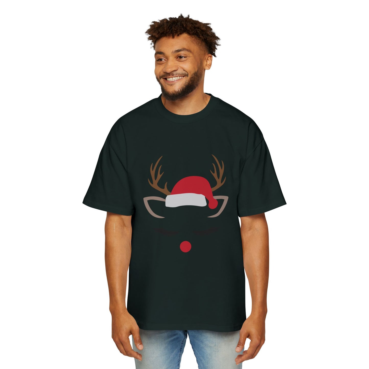 Minimal Reindeer Face Oversized Tee – Cute Christmas Holiday T-Shirt Printify
