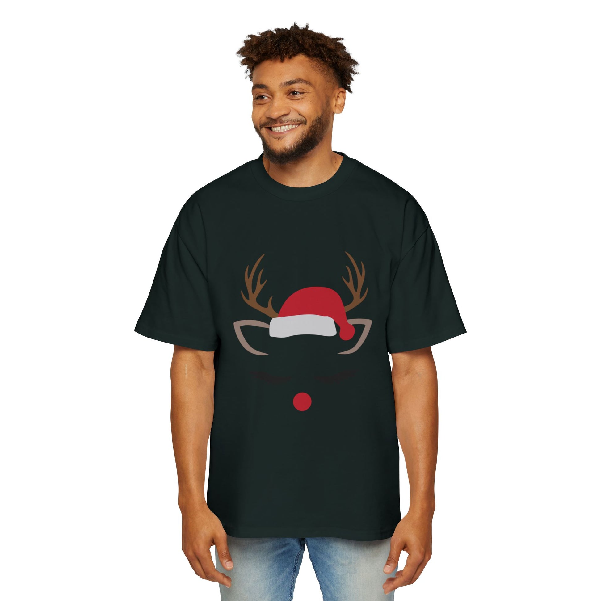 Minimal Reindeer Face Oversized Tee – Cute Christmas Holiday T-Shirt Printify