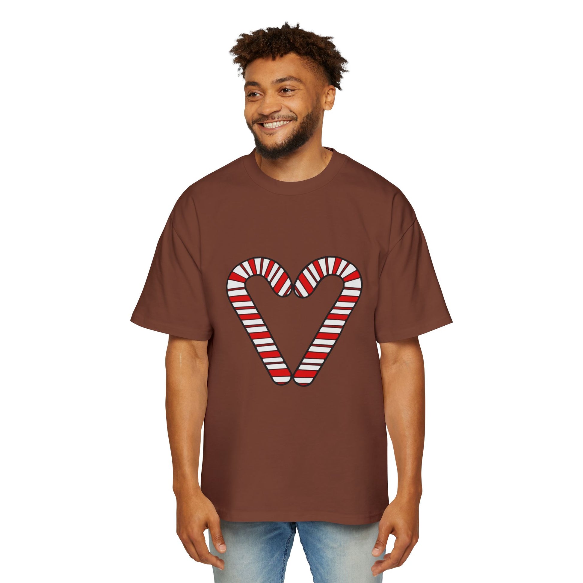 Candy Cane Heart Men's Heavy Oversized Tee – Limited Christmas Sale Edition Printify
