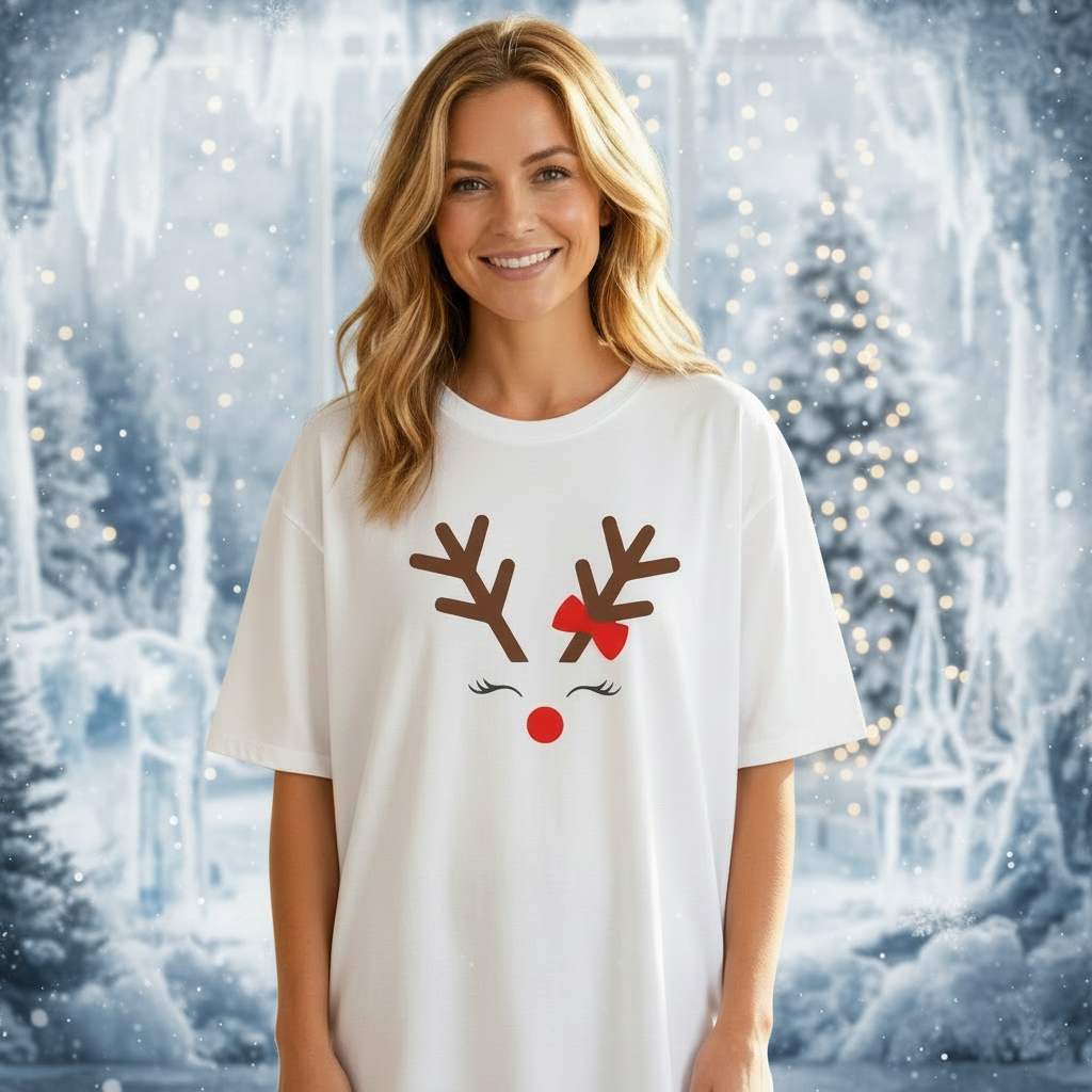Cute Red Nose Reindeer Men's Heavy Oversized T-Shirt – Christmas Sale Edition Printify