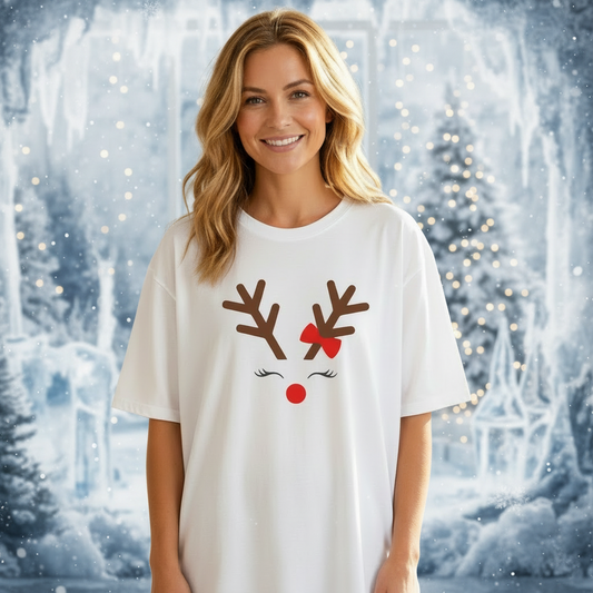 Cute Red Nose Reindeer Men's Heavy Oversized T-Shirt – Christmas Sale Edition Printify