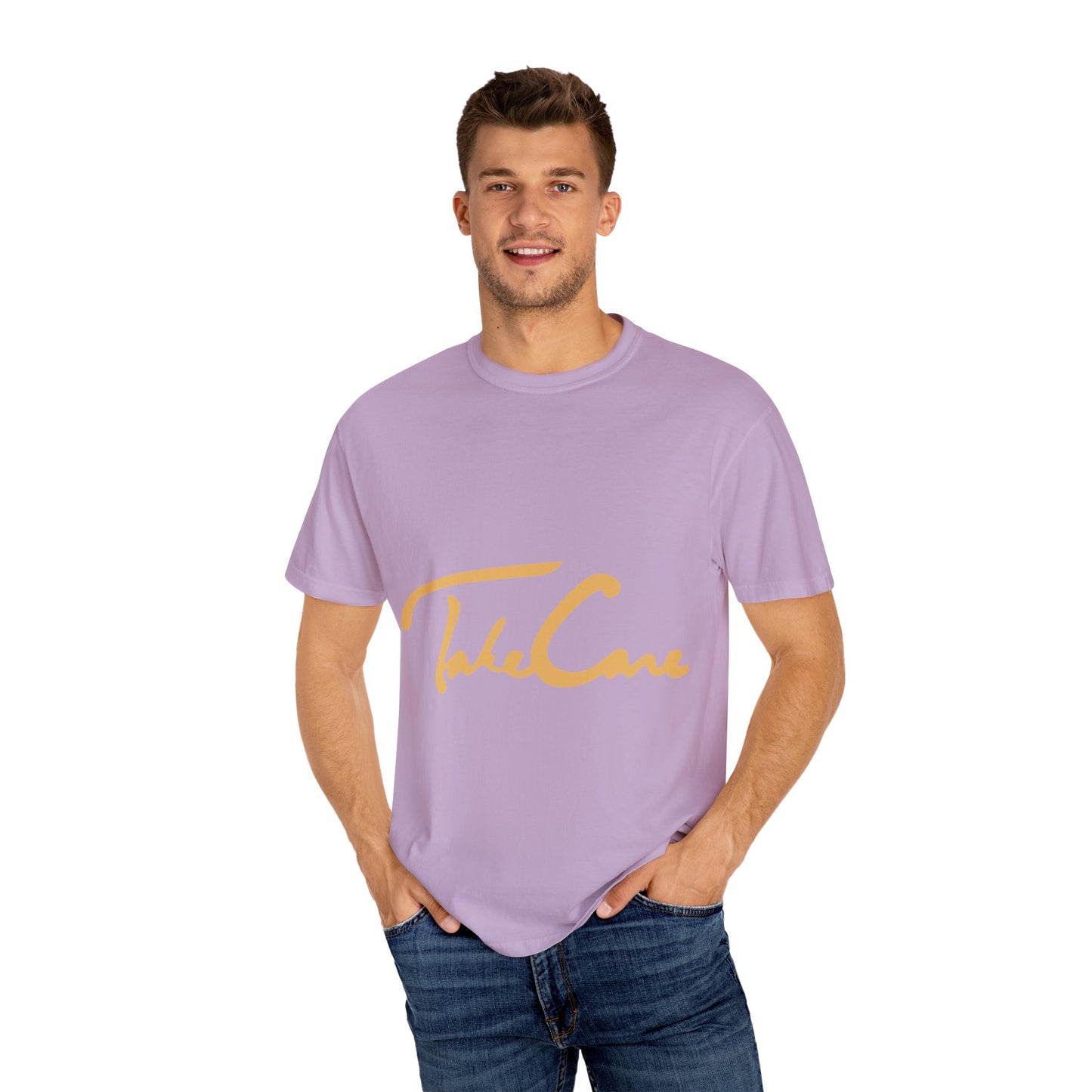 Take Care Gold Script Dyed Tshirt Printify