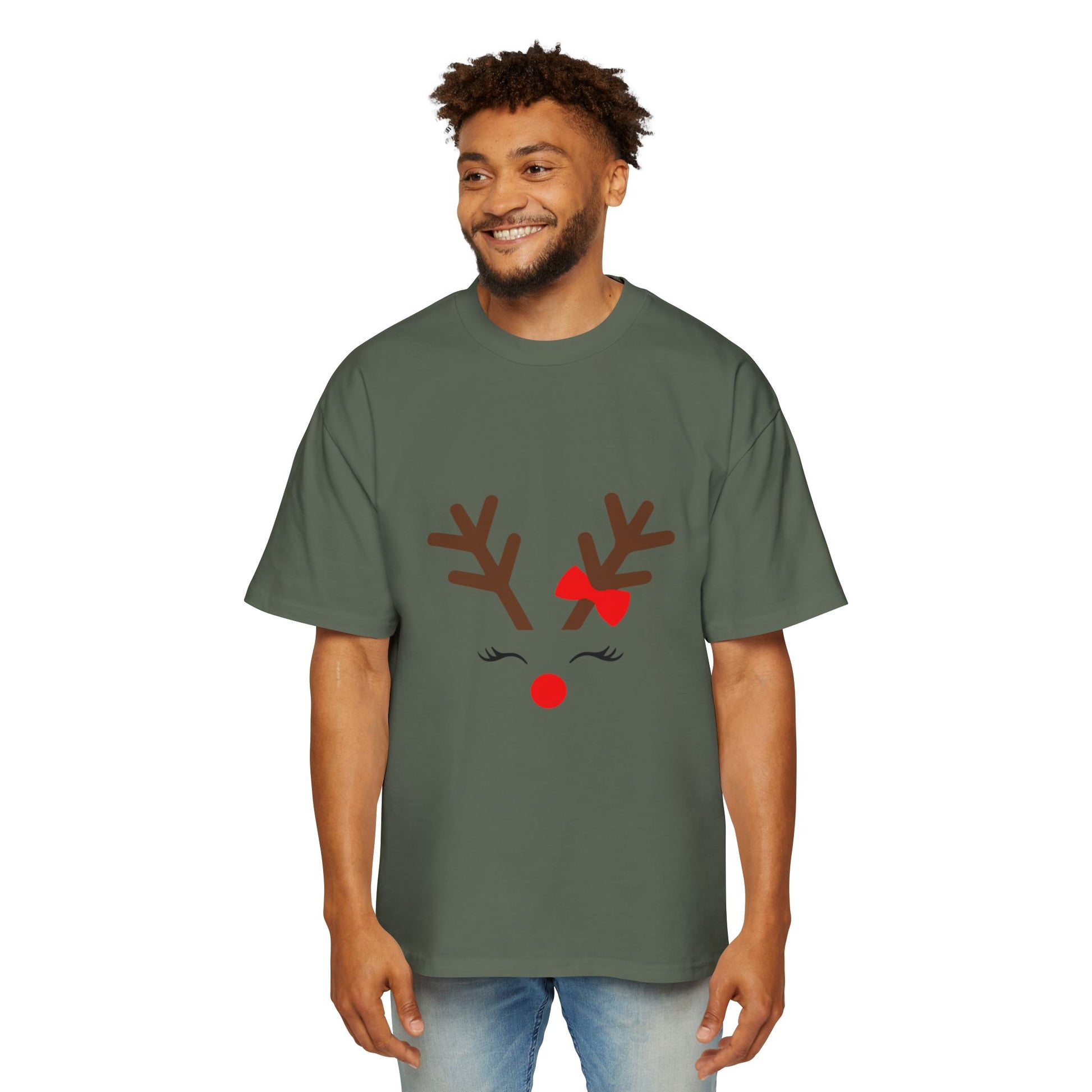 Cute Red Nose Reindeer Men's Heavy Oversized T-Shirt – Christmas Sale Edition Printify