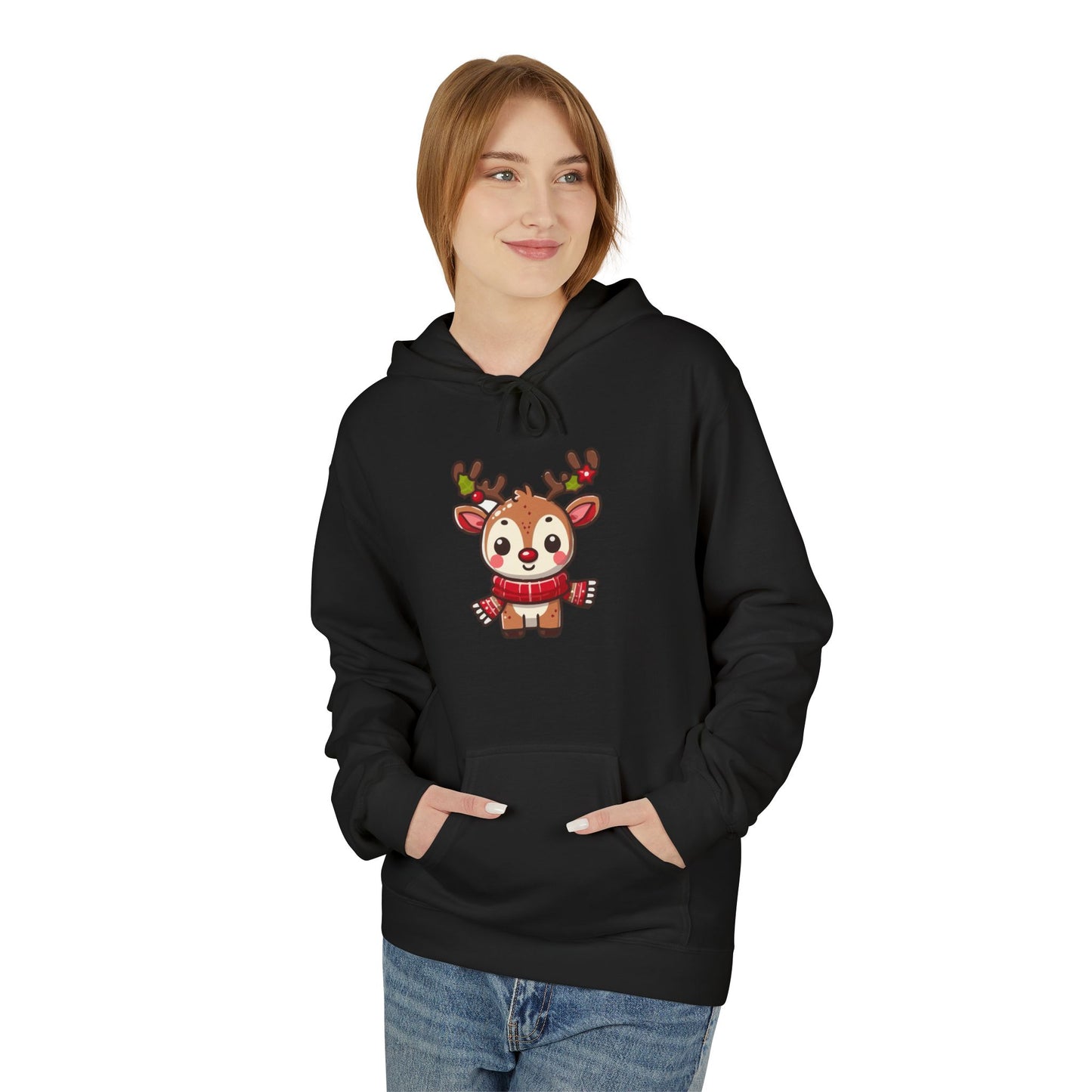 Cute Christmas Reindeer Fleece Hoodie – Holiday Edition Printify