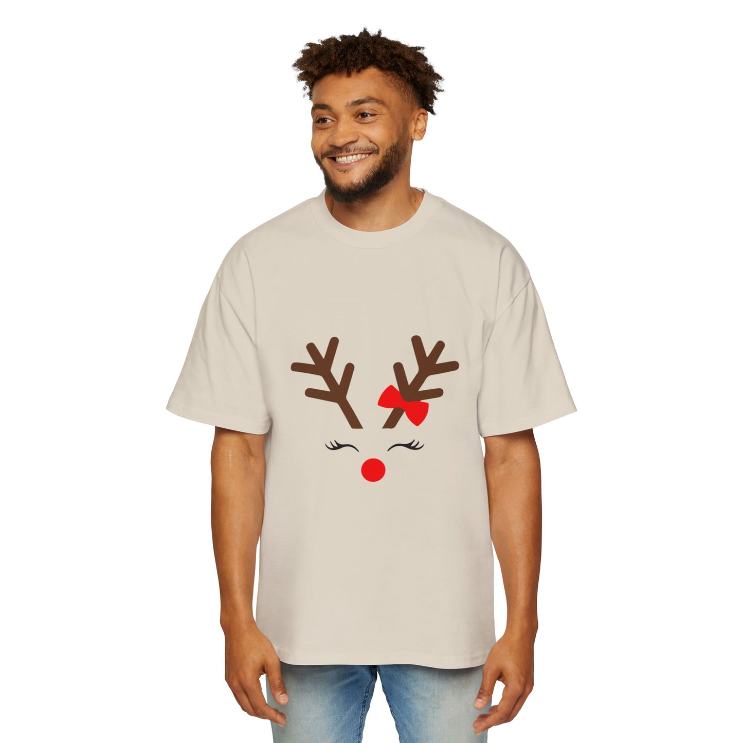 Cute Red Nose Reindeer Men's Heavy Oversized T-Shirt – Christmas Sale Edition Printify