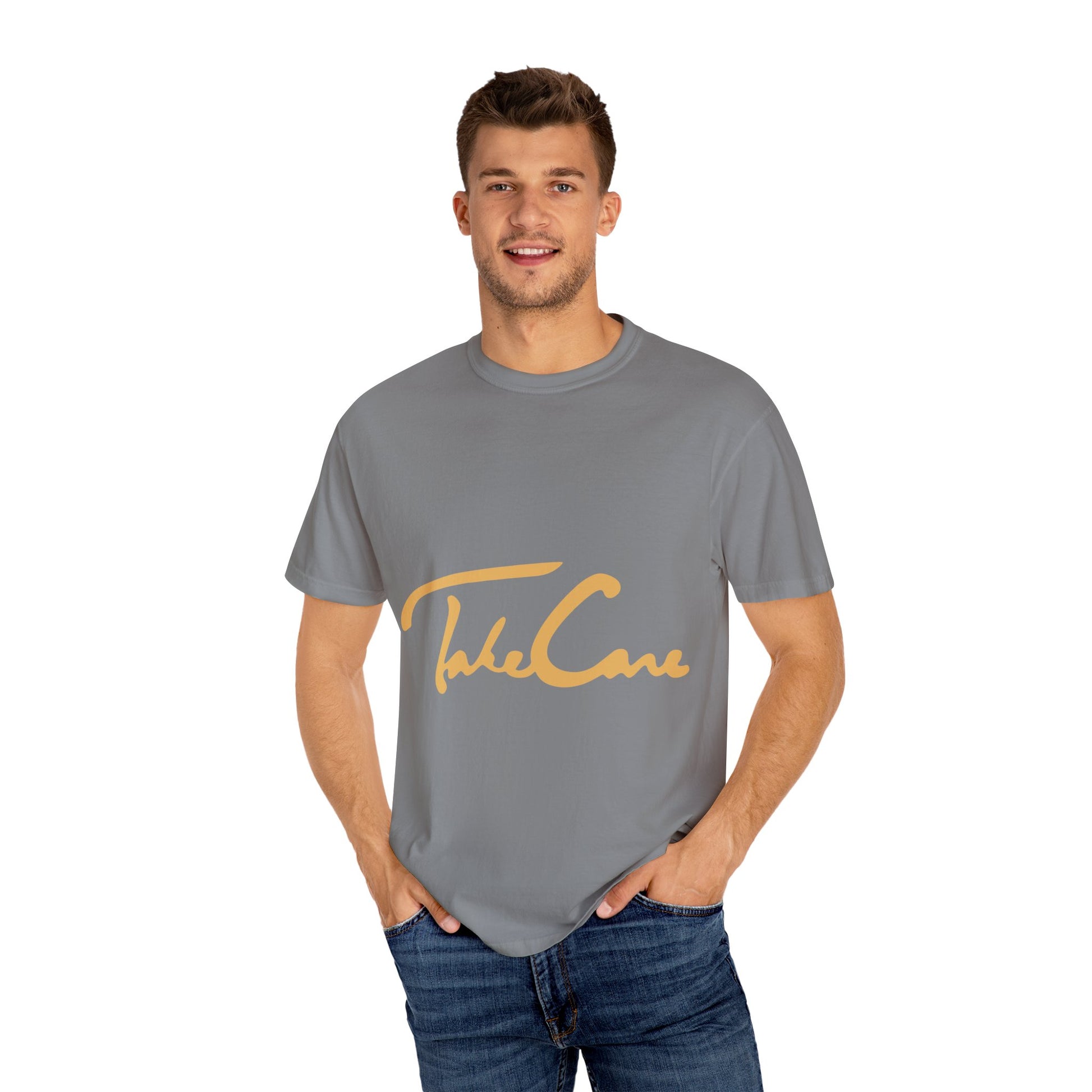 Take Care Gold Script Dyed Tshirt Printify