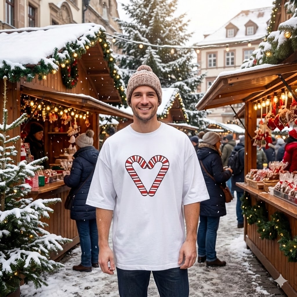 Candy Cane Heart Men's Heavy Oversized Tee – Limited Christmas Sale Edition Printify