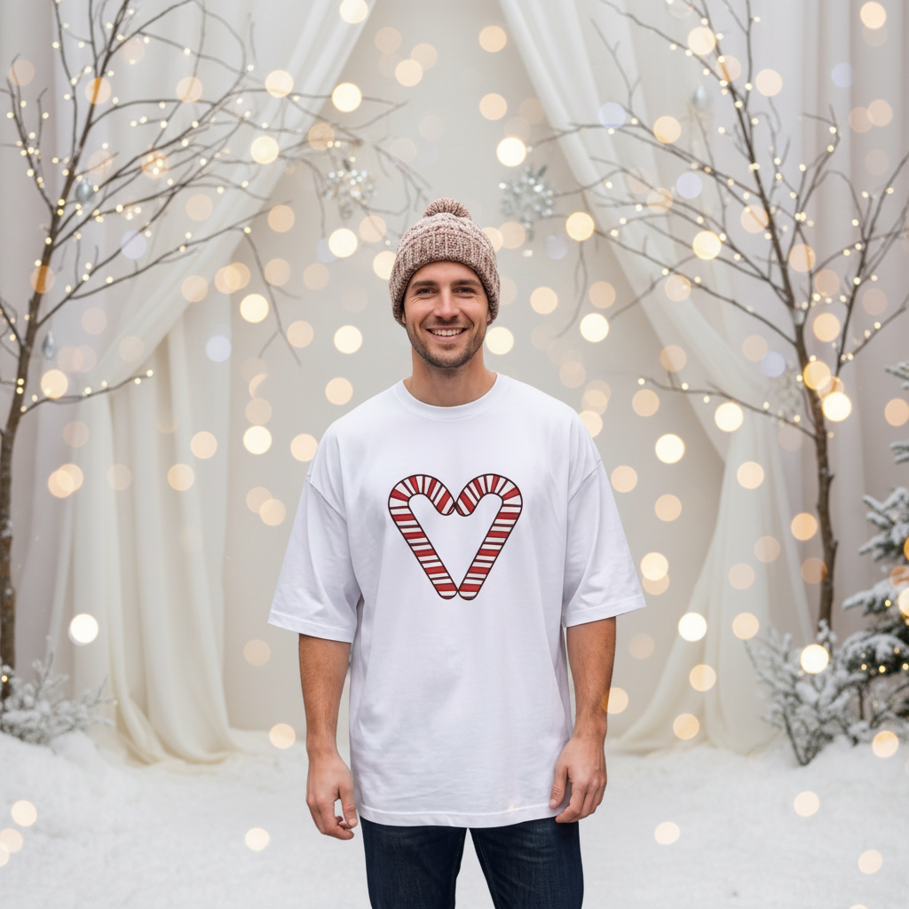 Candy Cane Heart Men's Heavy Oversized Tee – Limited Christmas Sale Edition Printify
